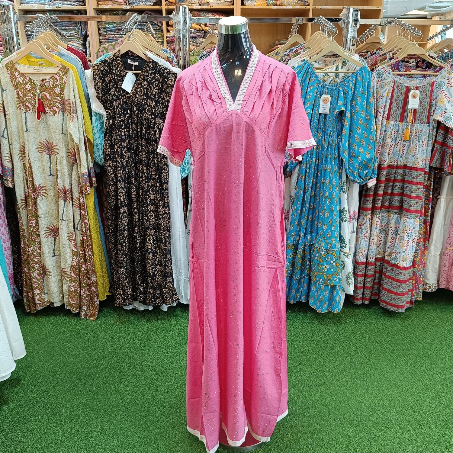 L/XL Jasiba Crystal Pink Plain Solid Cotton Dress 57&quot; Long Jalabiya