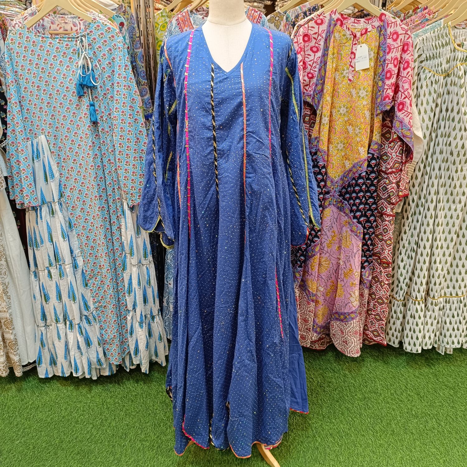 L/XL Meher Crystal Blue Plain Solid Cotton Dress 57&quot; Long Jalabiya