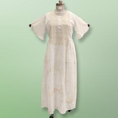 S/M Special Embroidery White Cotton Dress 56&quot; Long Jalabiya