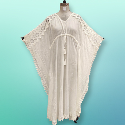 Free Size Farasha Crystal White Kaftan Cotton 52&quot; Long Jalabiya