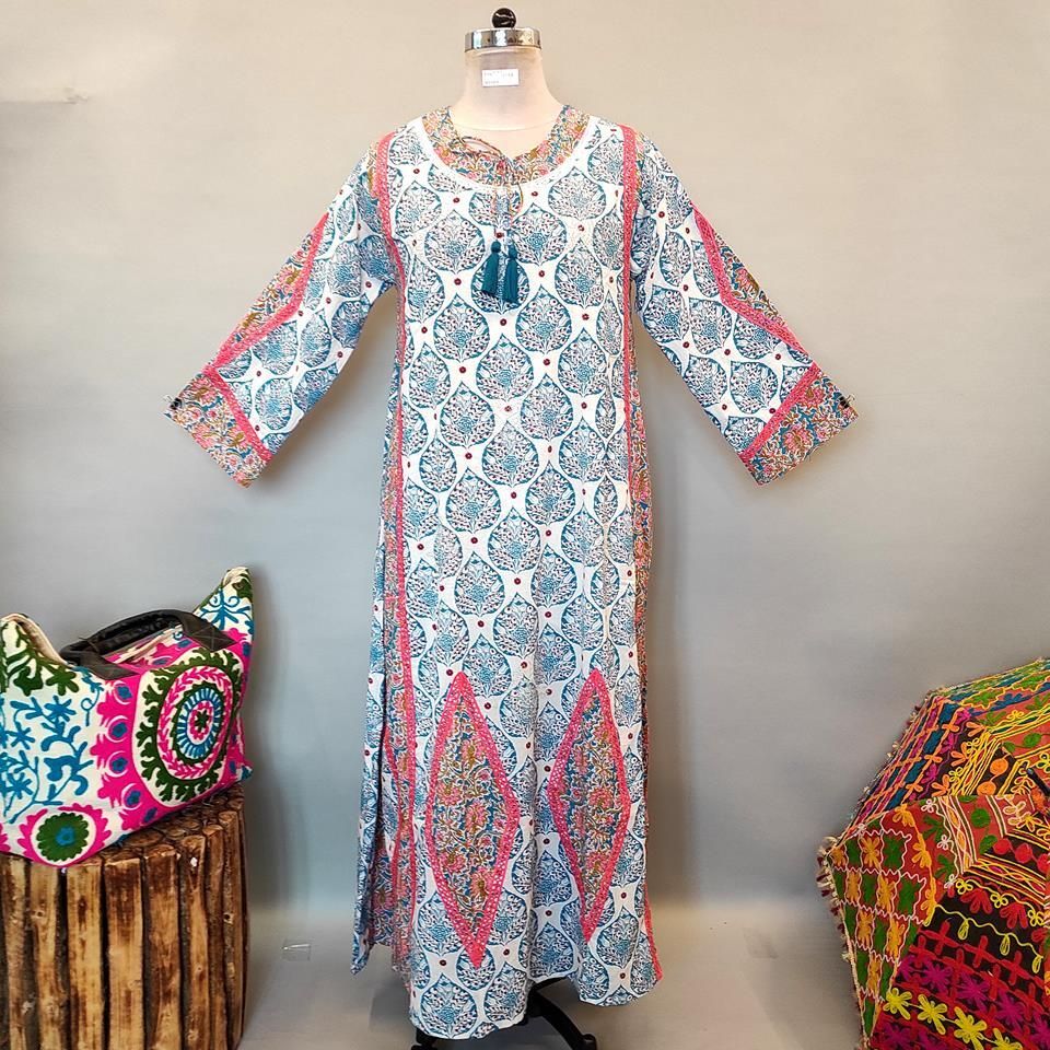 L/XL Atushi Printed Cotton Dress 56&quot; Long Jalabiya