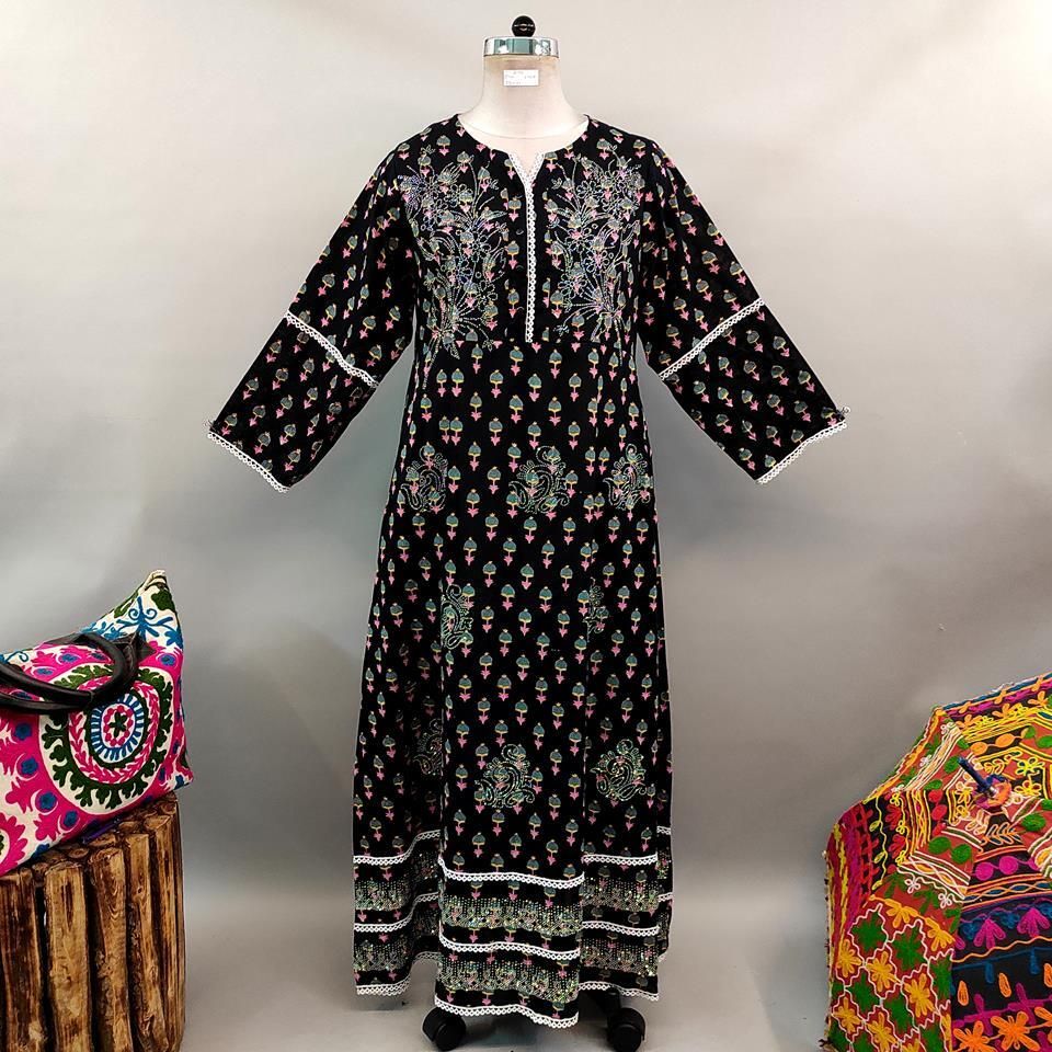 L/XL Fagira Crystal Black Printed Cotton Dress 57&quot;Long Jalebiya