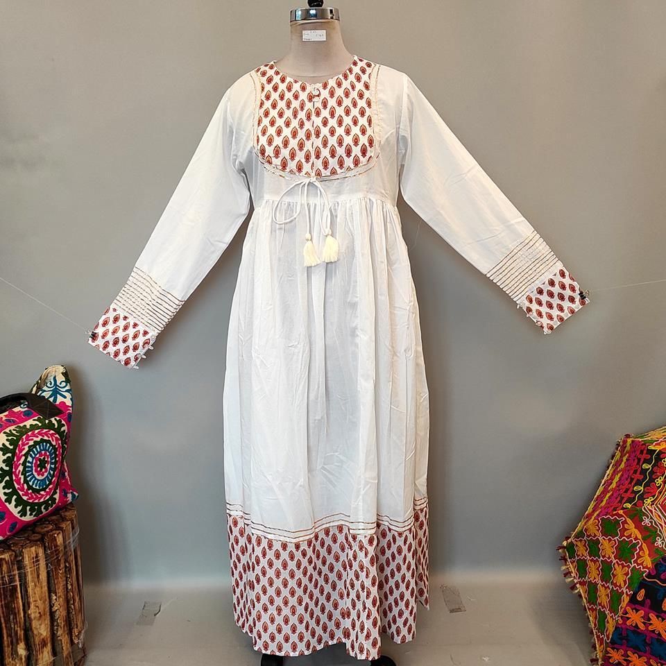 L/XL Bahisa White Golden Cotton Dress 57&quot; Long Jalabiya