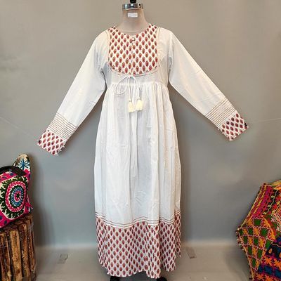 L/XL Bahisa White Golden Cotton Dress 57&quot; Long Jalabiya