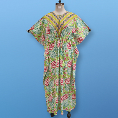 Free Size Farasha Printed Kaftan Cotton Dress 57&quot; Long Jalabiya