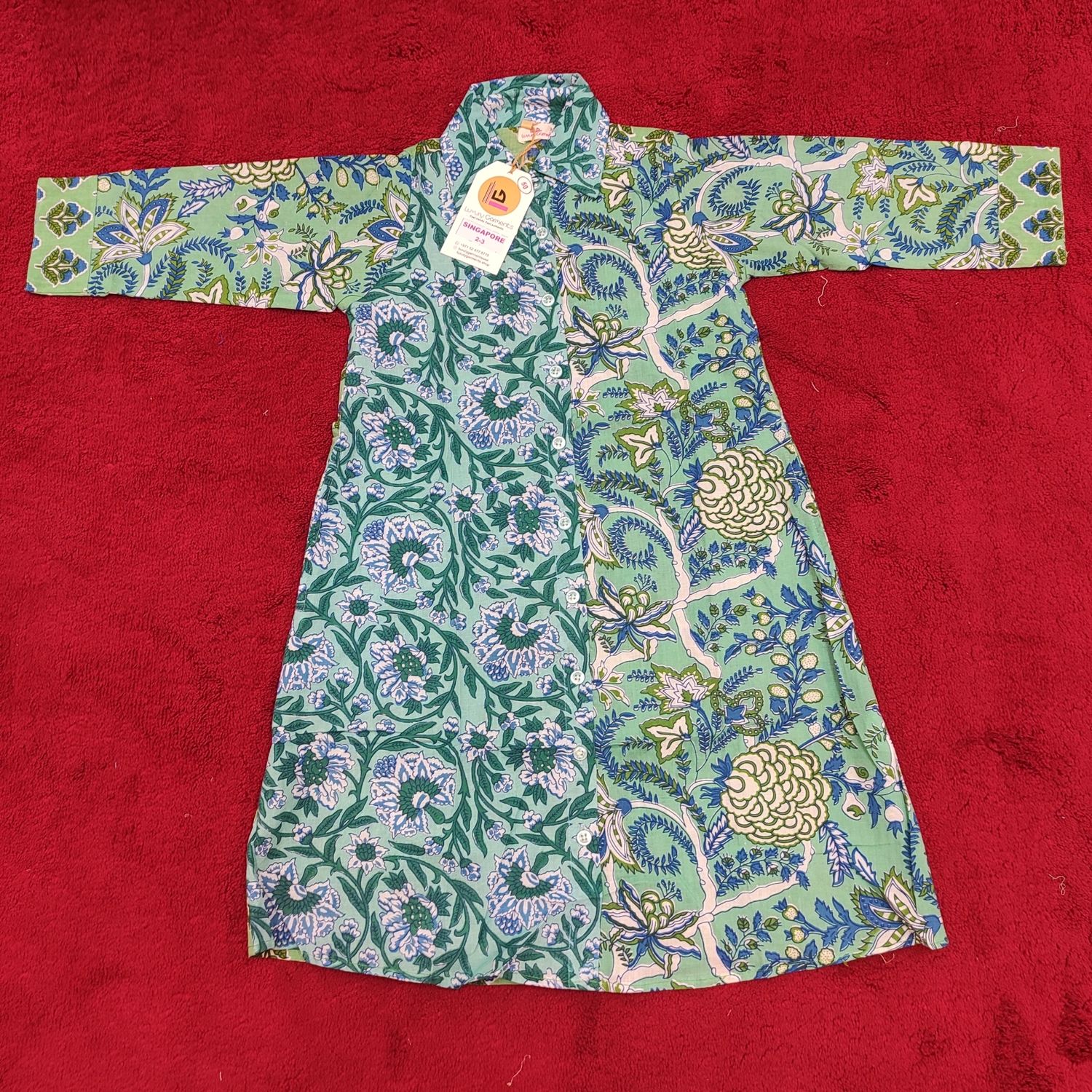 2-3 Year Singapore Blue Printed Cotton Girls Dress 29&quot; Long Jalabiya