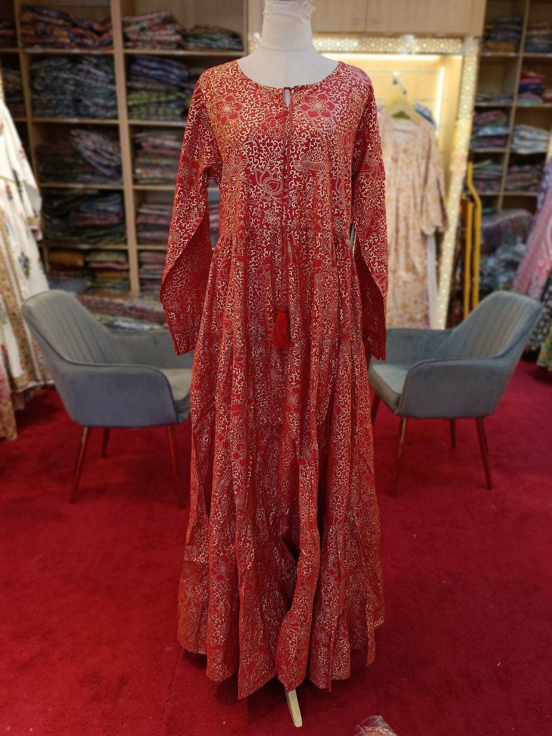S/M Razia Printed Cotton Dress 56&quot; long Sleeves Jalabiya