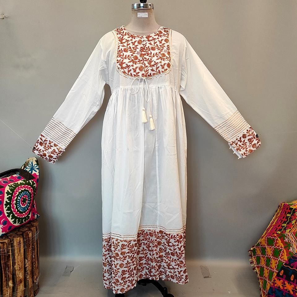 2XL/3XL Bahisa White Golden Cotton Dress 57&quot; Long Jalabiya