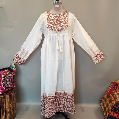 2XL/3XL Bahisa White Golden Cotton Dress 57&quot; Long Jalabiya
