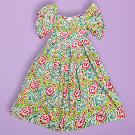 10-11 Year Amna Printed Cotton Girls Dress 45&quot; Long Jalabiya