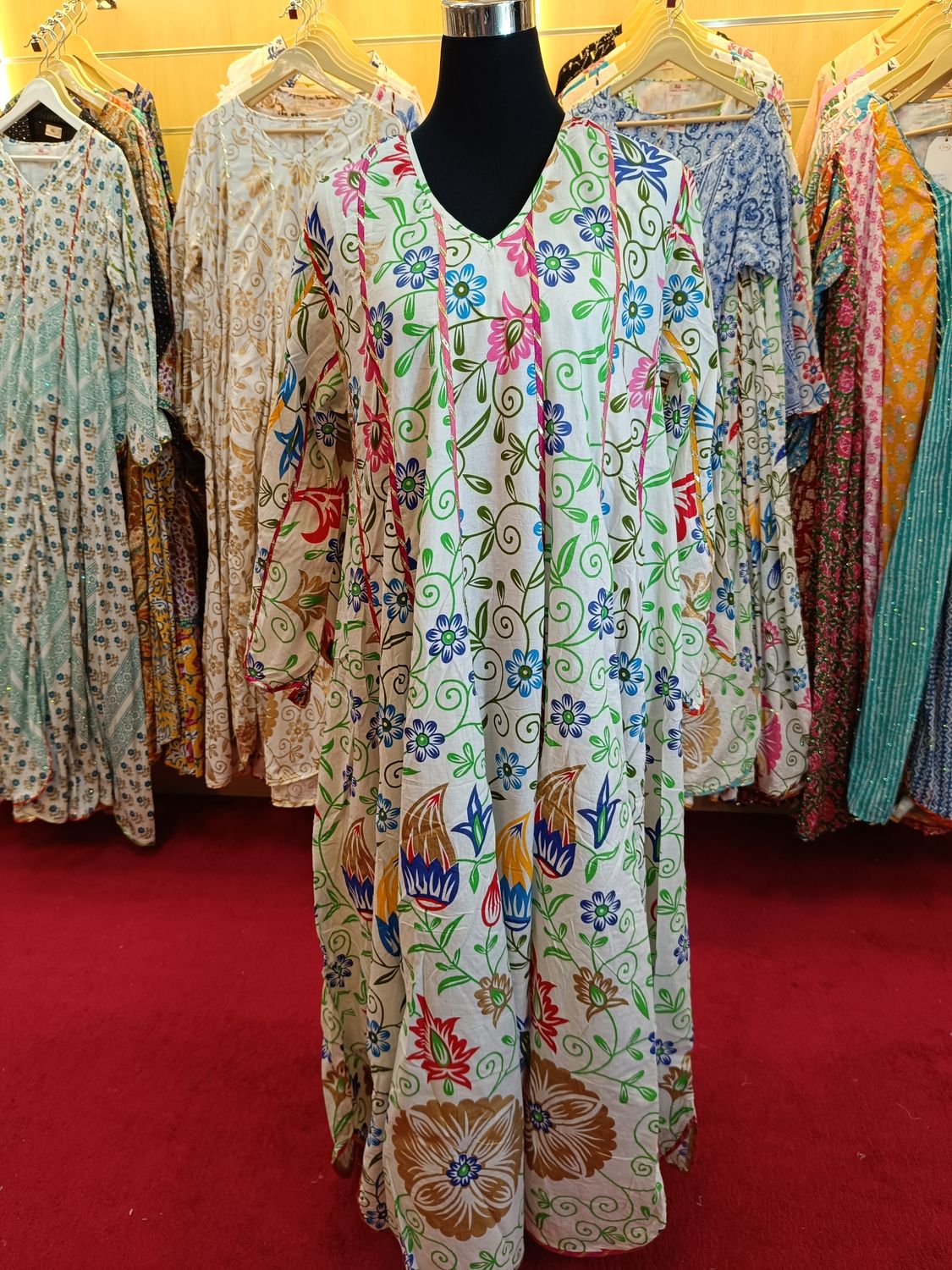 L/XL Meher White Multi Printed Cotton Dress 57&quot; Long Jalabiya