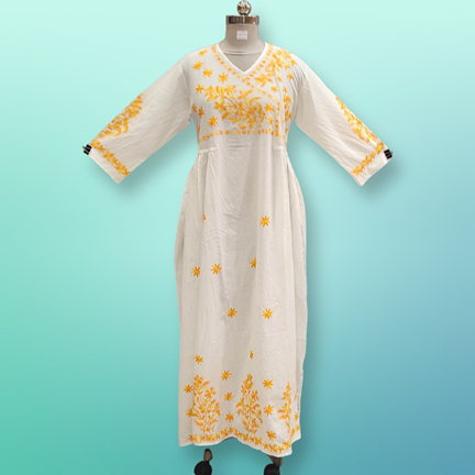 XS/S Lairah Embroidery White Cotton Dress 53&quot; Long Jalabiya