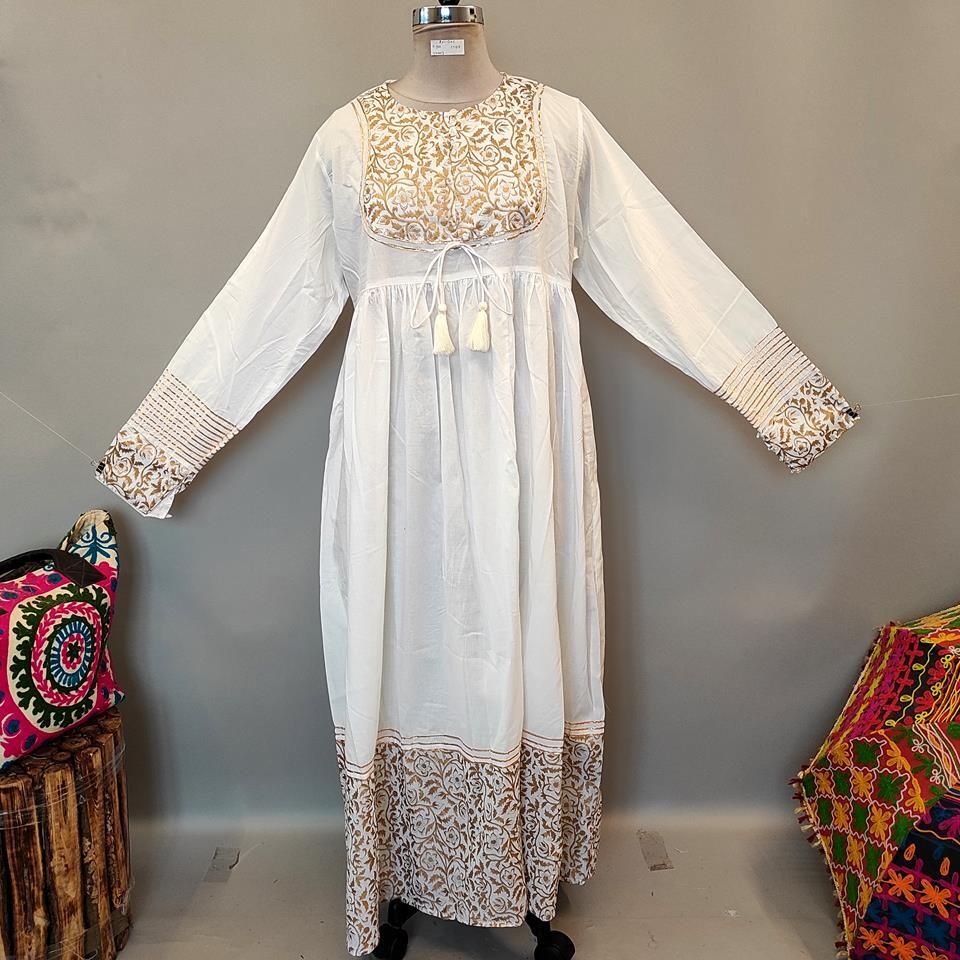 2XL/3XL Bahisa White Golden Cotton Dress 57&quot; Long Jalabiya