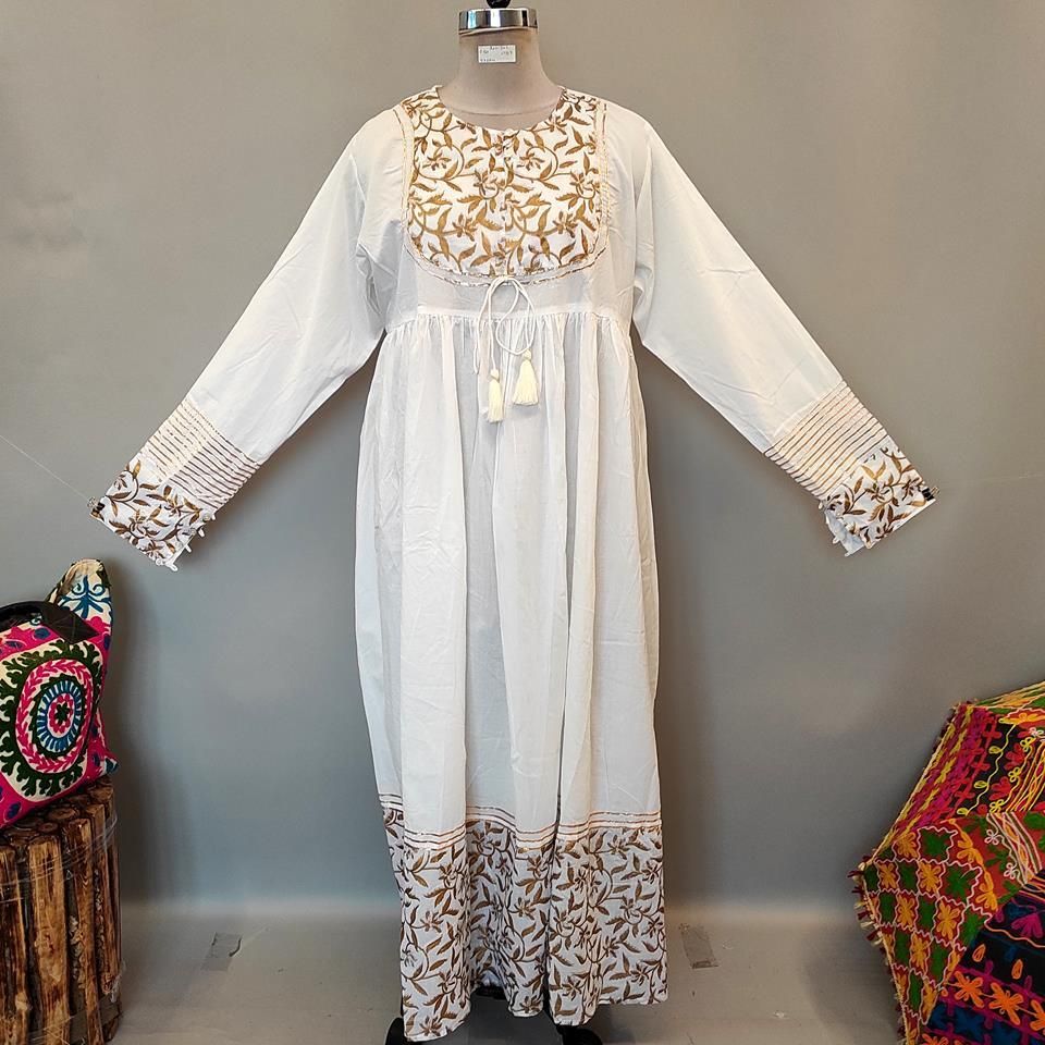 2XL/3XL Bahisa White Golden Cotton Dress 57&quot; Long Jalabiya