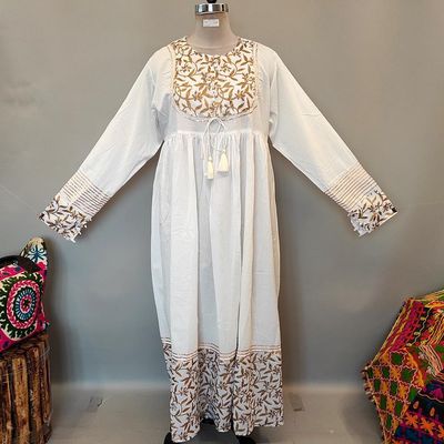 2XL/3XL Bahisa White Golden Cotton Dress 57&quot; Long Jalabiya