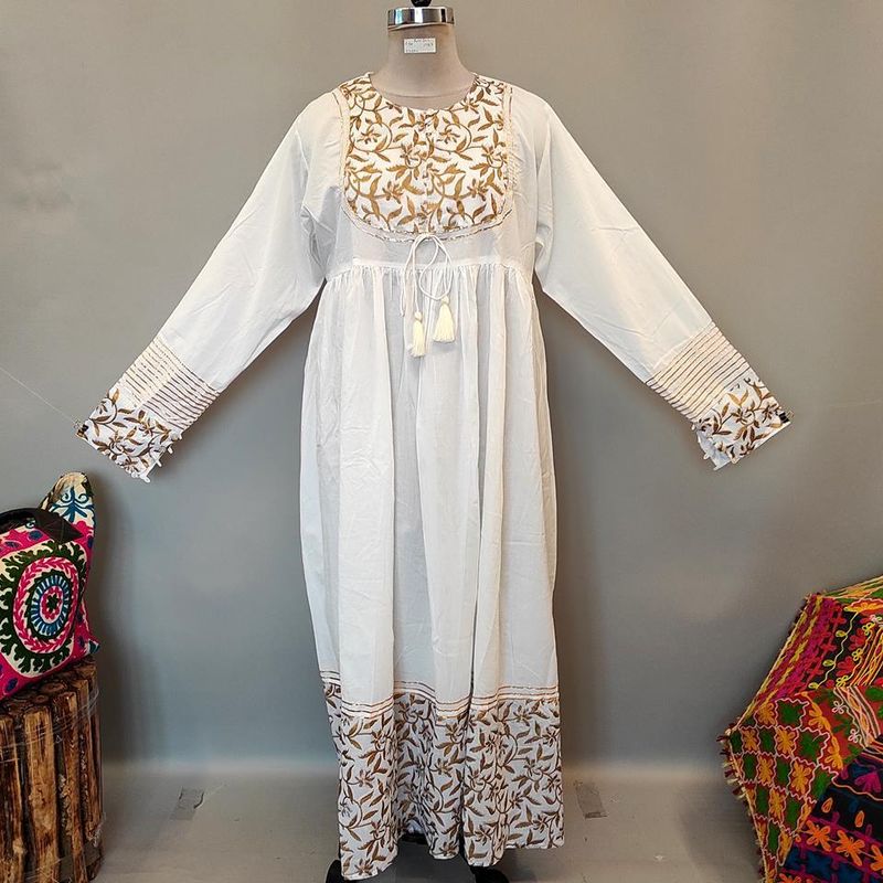 2XL/3XL Bahisa White Golden Cotton Dress 57&quot; Long Jalabiya