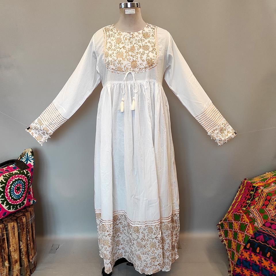 L/XL Bahisa White Golden Cotton Dress 57&quot; Long Jalabiya