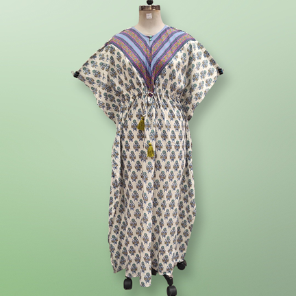 Free Size Farasha Printed Kaftan Cotton Dress 57&quot; Long Jalabiya