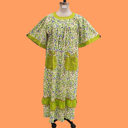 L/XL Nawaar Printed Cotton Dress 56&quot; Short Sleeves Jalabiya