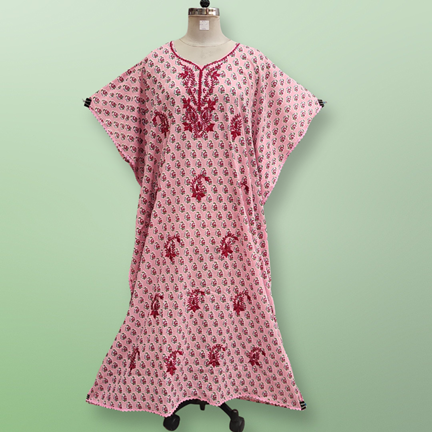 Free Size Farasha Printed Kaftan Embroidery Cotton Dress 57&quot; Long Jalabiya
