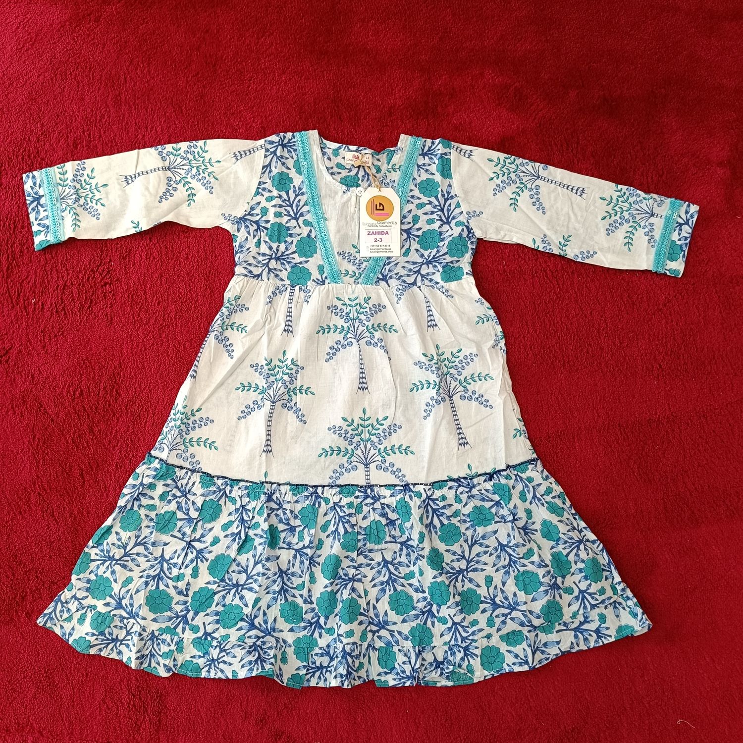 2-3 Year Zahida blue Printed Cotton Girls Dress 30&quot; Long Jalabiya