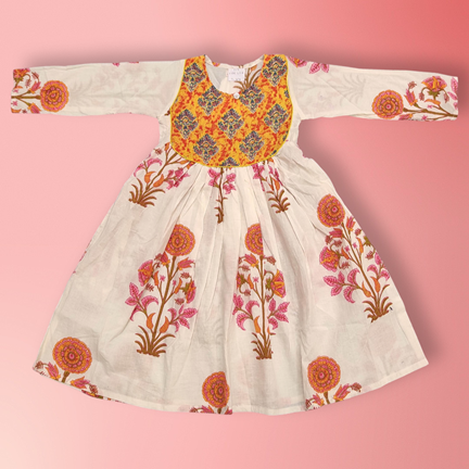 6-7 Year Masira Yellow Printed Cotton Girls Dress 38&quot; Long Jalabiya