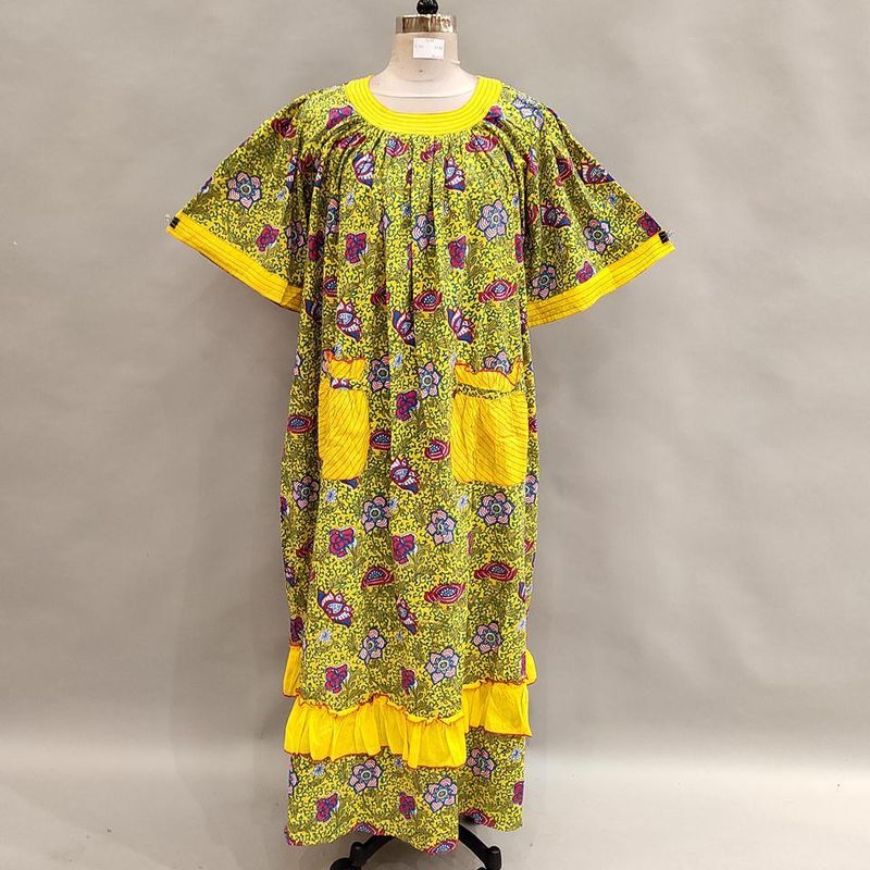 S/M Nawaar Printed Cotton Dress 56&quot; Short Sleeves Jalabiya