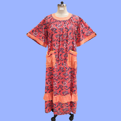 L/XL Nawaar Printed Cotton Dress 56&quot; Short Sleeves Jalabiya