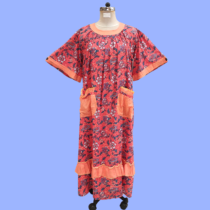 L/XL Nawaar Printed Cotton Dress 56&quot; Short Sleeves Jalabiya