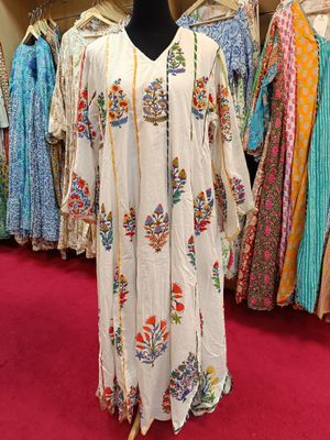 L/XL Meher White Multi Printed Cotton Dress 57&quot; Long Jalabiya