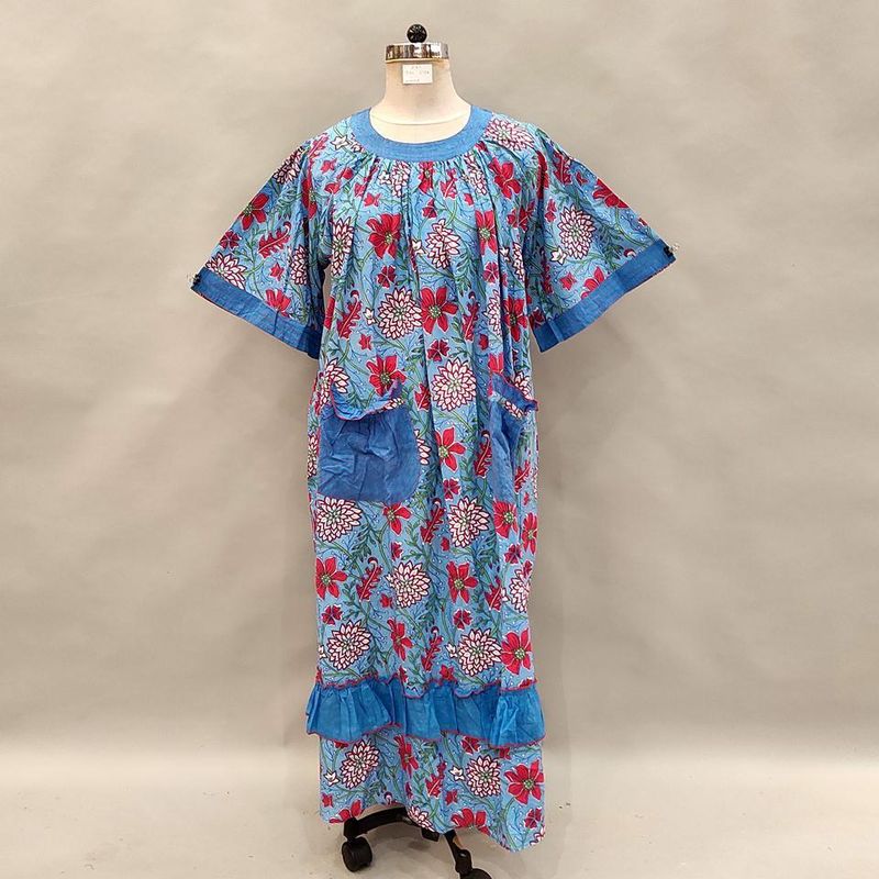 L/XL Nawaar Printed Cotton Dress 56&quot; Short Sleeves Jalabiya