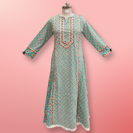 L/XL Ejlal Printed Cotton Dress 57&quot; Long Jalabiya