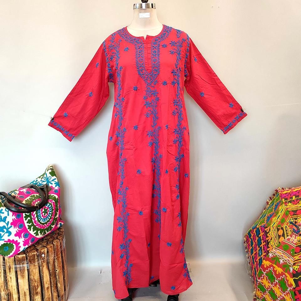 L/XL Kafia Cotton Embroidery Red Plain Solid Dress 57&quot; Long Jalabiya