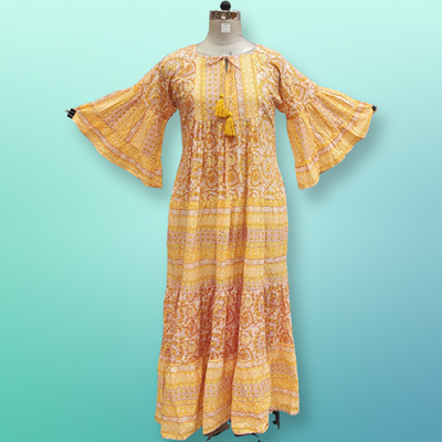 L/XL Gaby Crystal Yellow Printed Cotton Dress 58&quot; Long Jalabiya