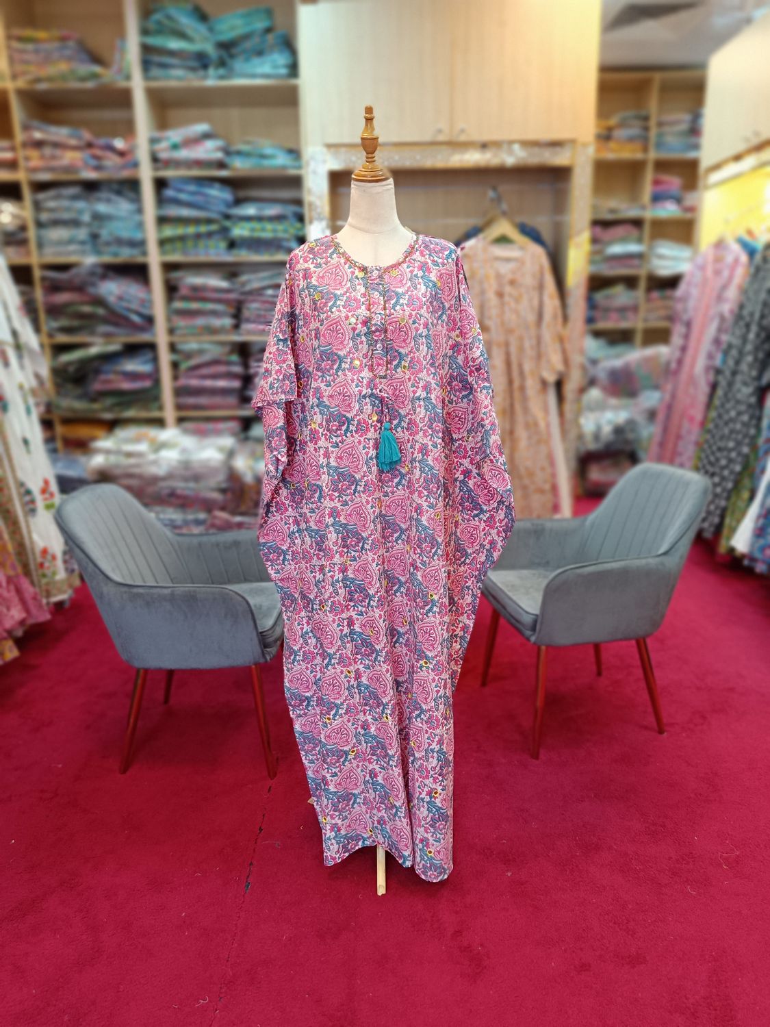Free Size Mirror Cotton Farasha Kaftan 57&quot; Long Jalabiya