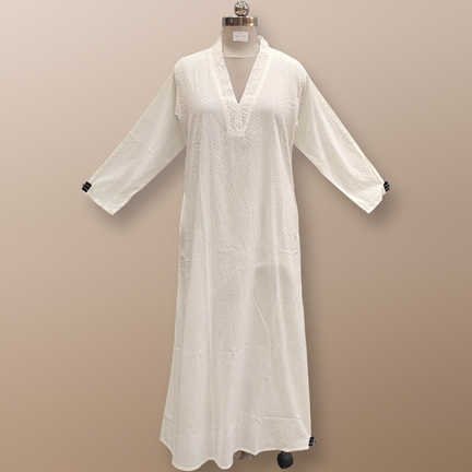 L/XL Teena Crystal White Cotton Dress 55&quot; Long Jalabiya