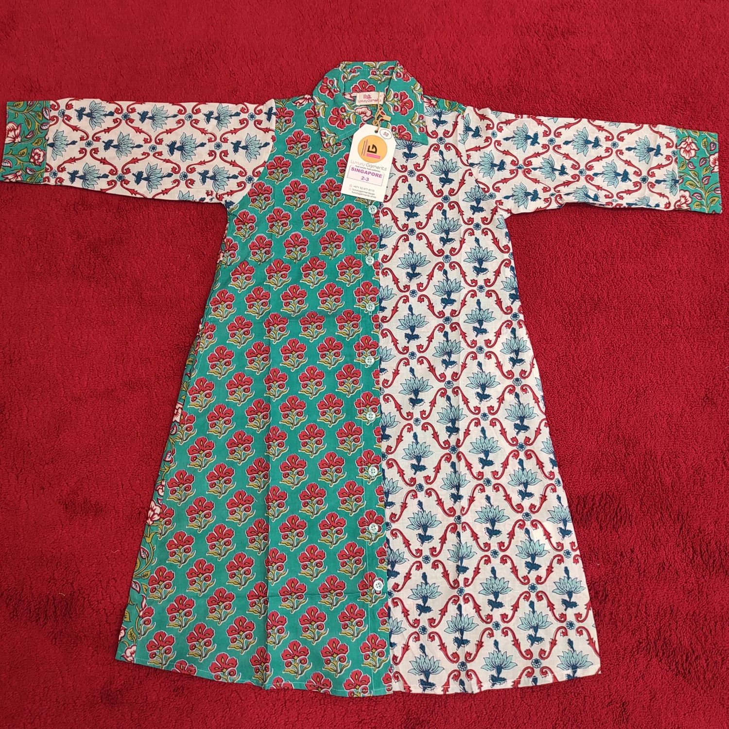 2-3 Year Singapore Blue Printed Cotton Girls Dress 29&quot; Long Jalabiya