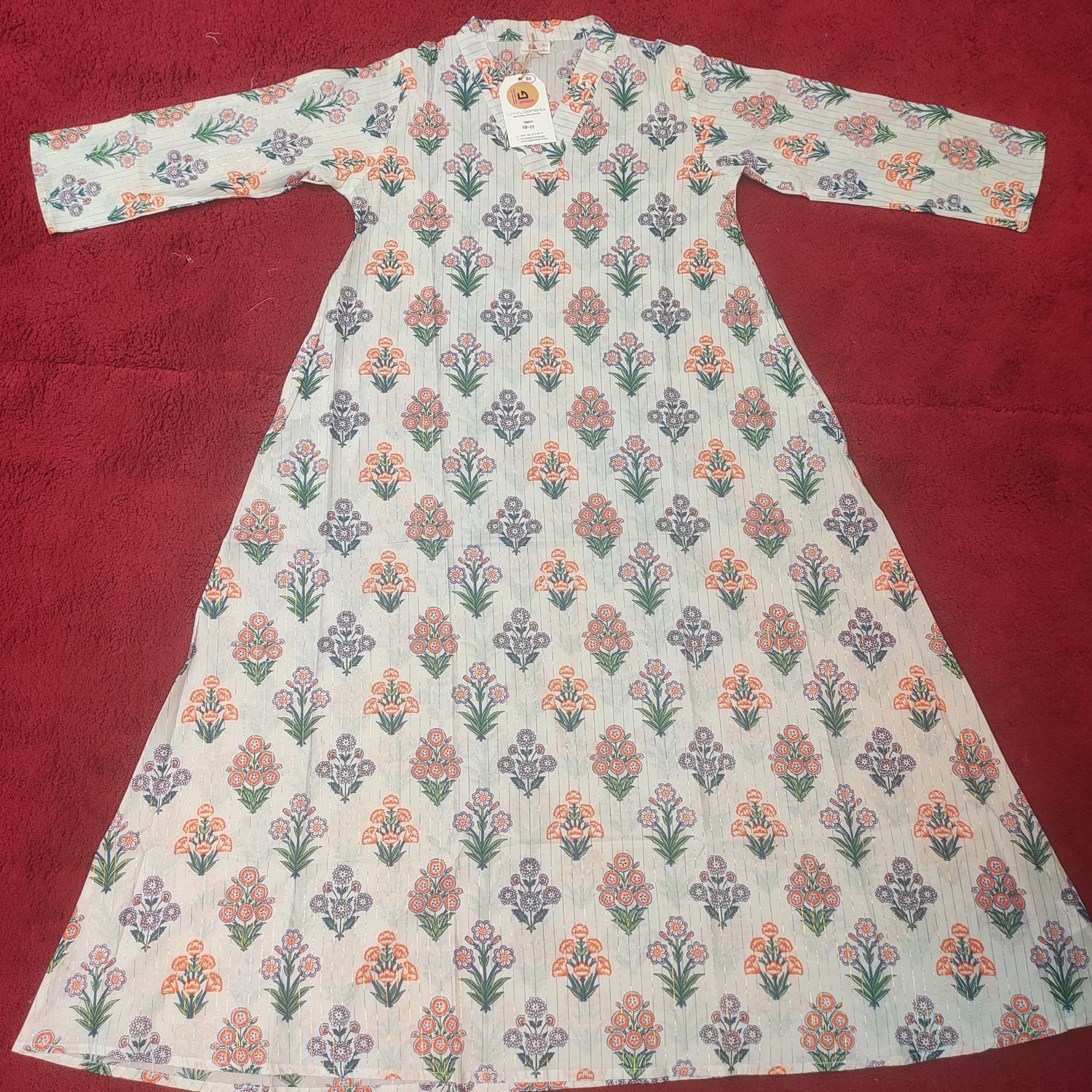 10-11 Year Teena Crystal Printed Cotton Girls Dress 46&quot; Long Jalabiya