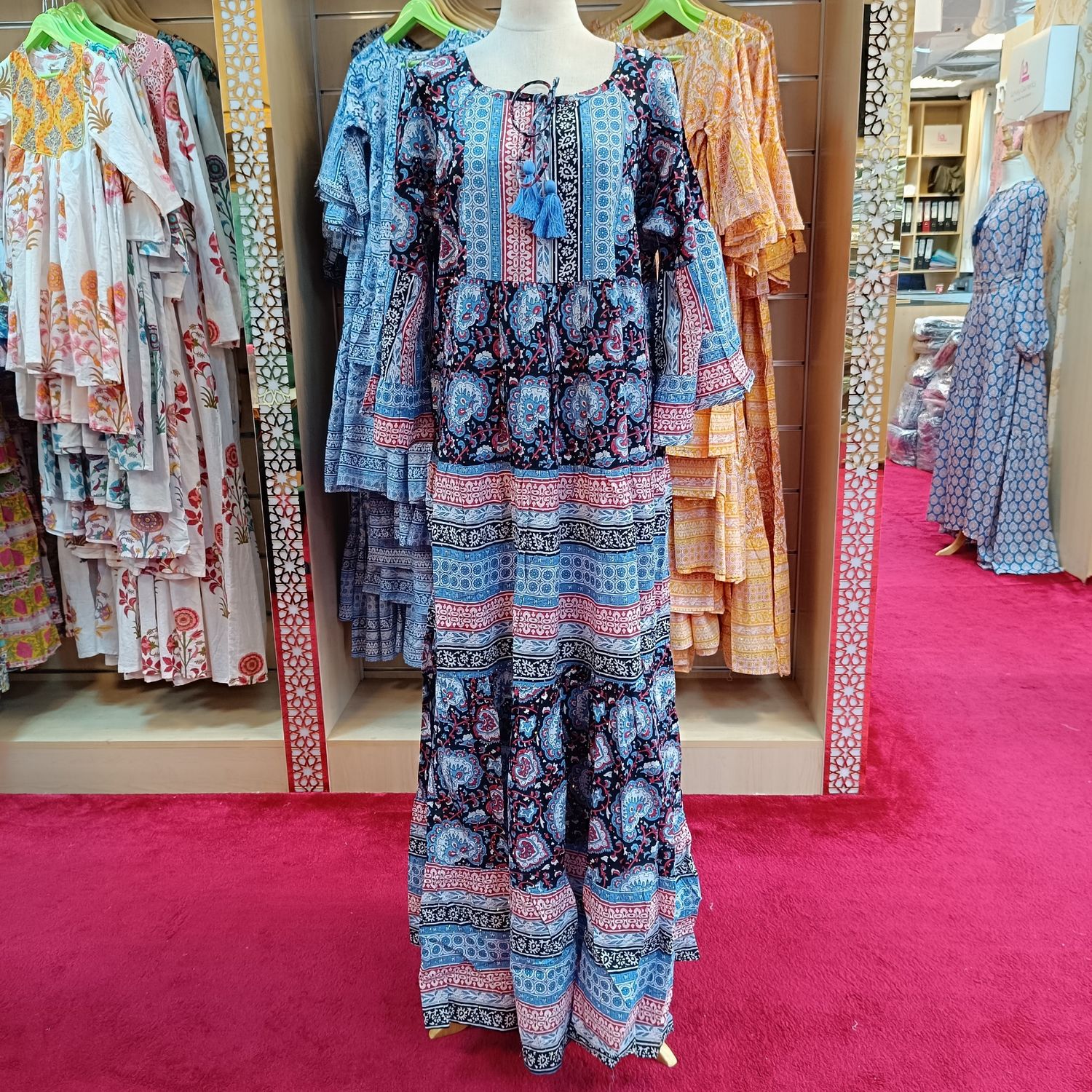 L/XL Gaby Crystal Multi Printed Cotton Dress 57&quot; Long Jalabiya