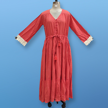 S/M Ari Crystal Red Plain Solid Cotton Dress 57&quot; Long Jalabiya