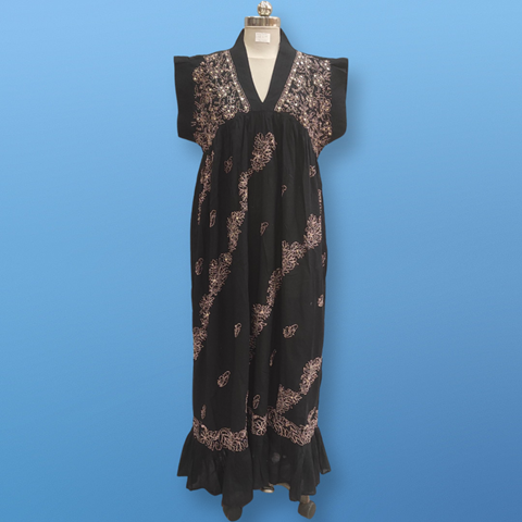 2XL/3XL Amani Embroidery Black Cotton Dress 57&quot; Short Sleeves Jalabiya