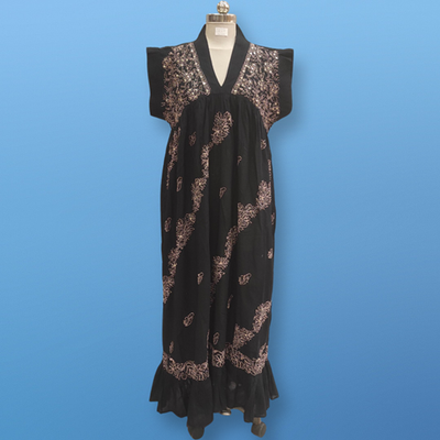 2XL/3XL Amani Embroidery Black Cotton Dress 57&quot; Short Sleeves Jalabiya