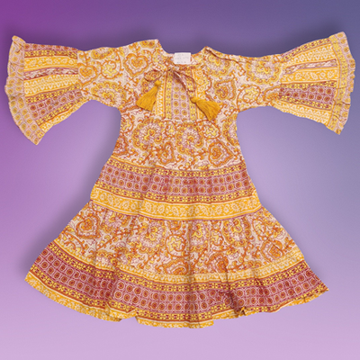4-5 Year Gaby Crystal Yellow Printed Cotton Girls Dress 34&quot; Long Jalabiya