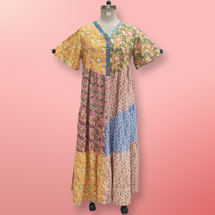 L/XL Zaib Multi Printed Cotton Dress 57&quot; Short Sleeves Jalabiya