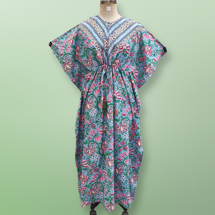 Free Size Farasha Printed Kaftan Cotton Dress 57&quot; Long Jalabiya