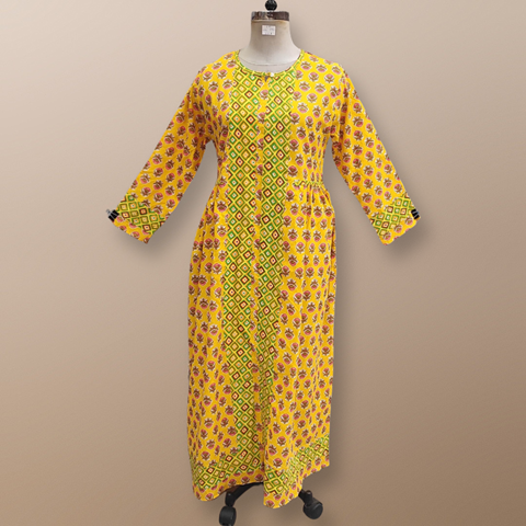 L/XL Bhopali Printed Cotton Dress 56&quot; Long Jalabiya