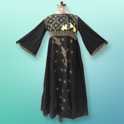 S/M Cindrella Embroidery Black Cotton Dress 57&quot; Long Jalabiya