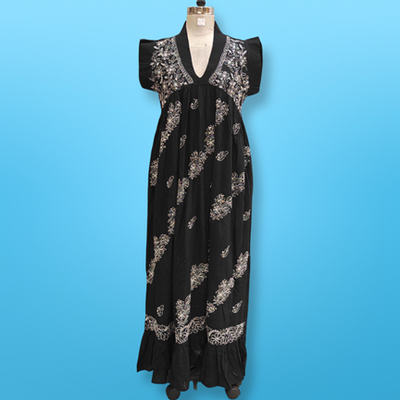 S/M Amani Embroidery Black Cotton Dress 57&quot; Short Sleeves Jalabiya