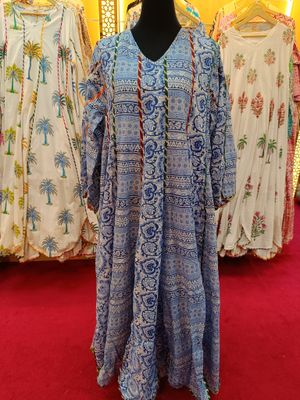 L/XL Meher Blue Printed Cotton Dress 57&quot; Long Jalabiya
