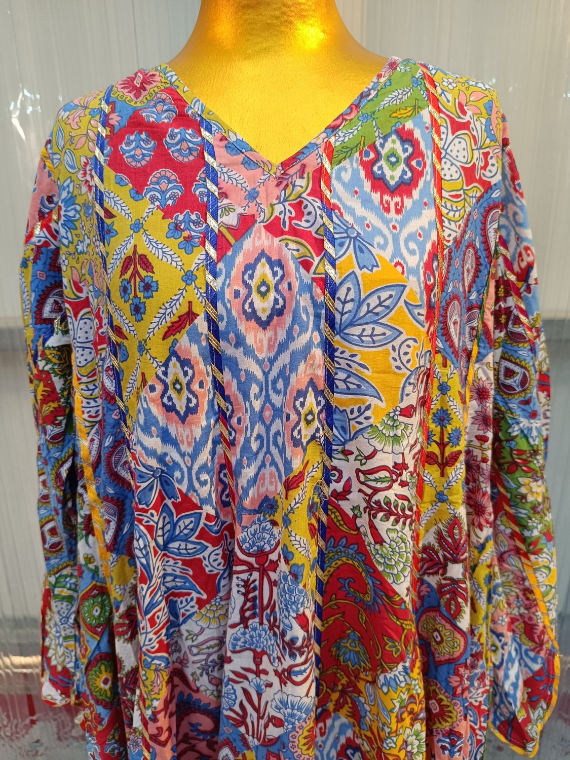 L/XL Meher Multi Printed Cotton Dress 57&quot; Long Jalabiya